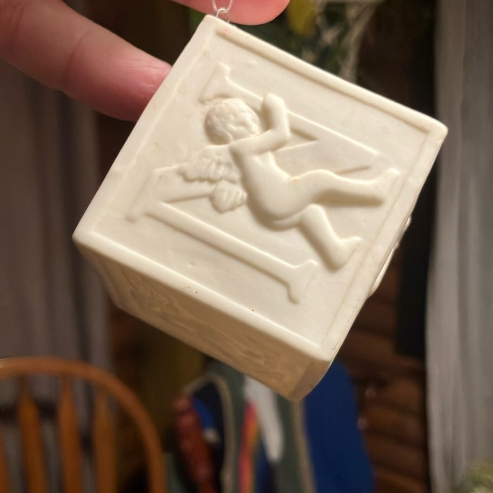 Vintage Dept 56 “Joy.” Ornament bisque